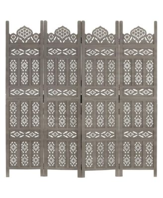 Hand carved 4-Panel Room Divider Gray 63"x65" Solid Mango Wood