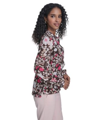 Women's Floral Ruffle Placket Top