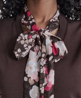 Women's Mixed Media Tie Neck Sweater