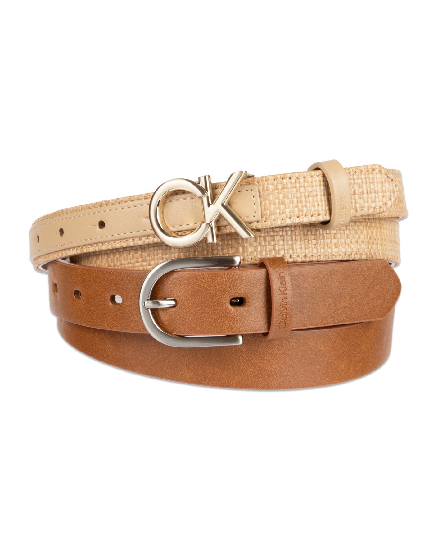 Женские ремни Calvin Klein Two Pack Belt Set - Skinny Monogram Buckle Belt and Harness Buckle Belt Set, цвет: Коньячный / Натуральный — фото 2