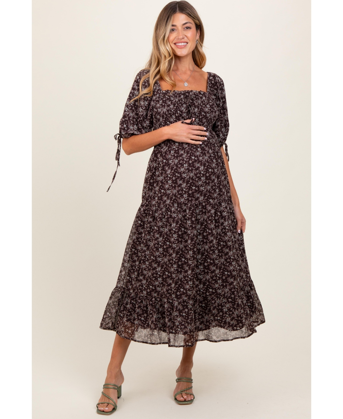 Pinkblush Maternity Dark Brown Floral Smocked Sleeve Tie Midi Dress