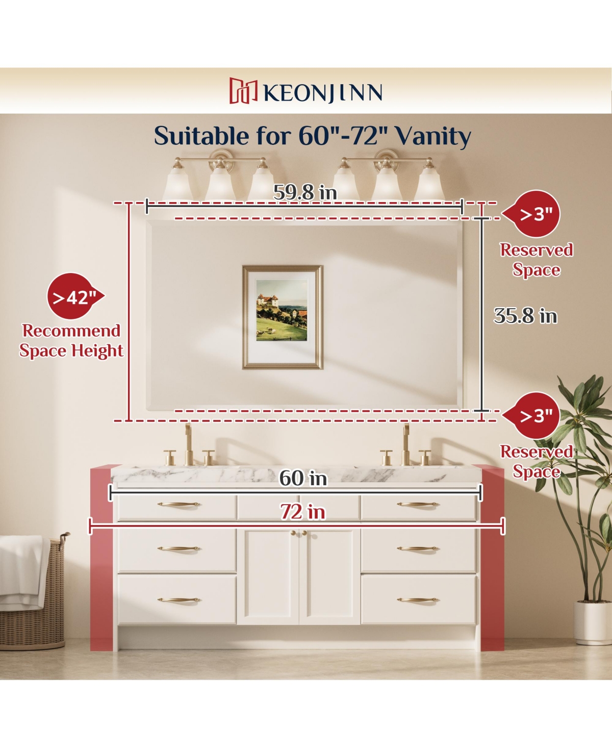 Keonjinn Inch Beveled Bathroom Vanity Mirror Shatterproof Frameless Wall Mirrored Over Sink Horizontal/Vertical