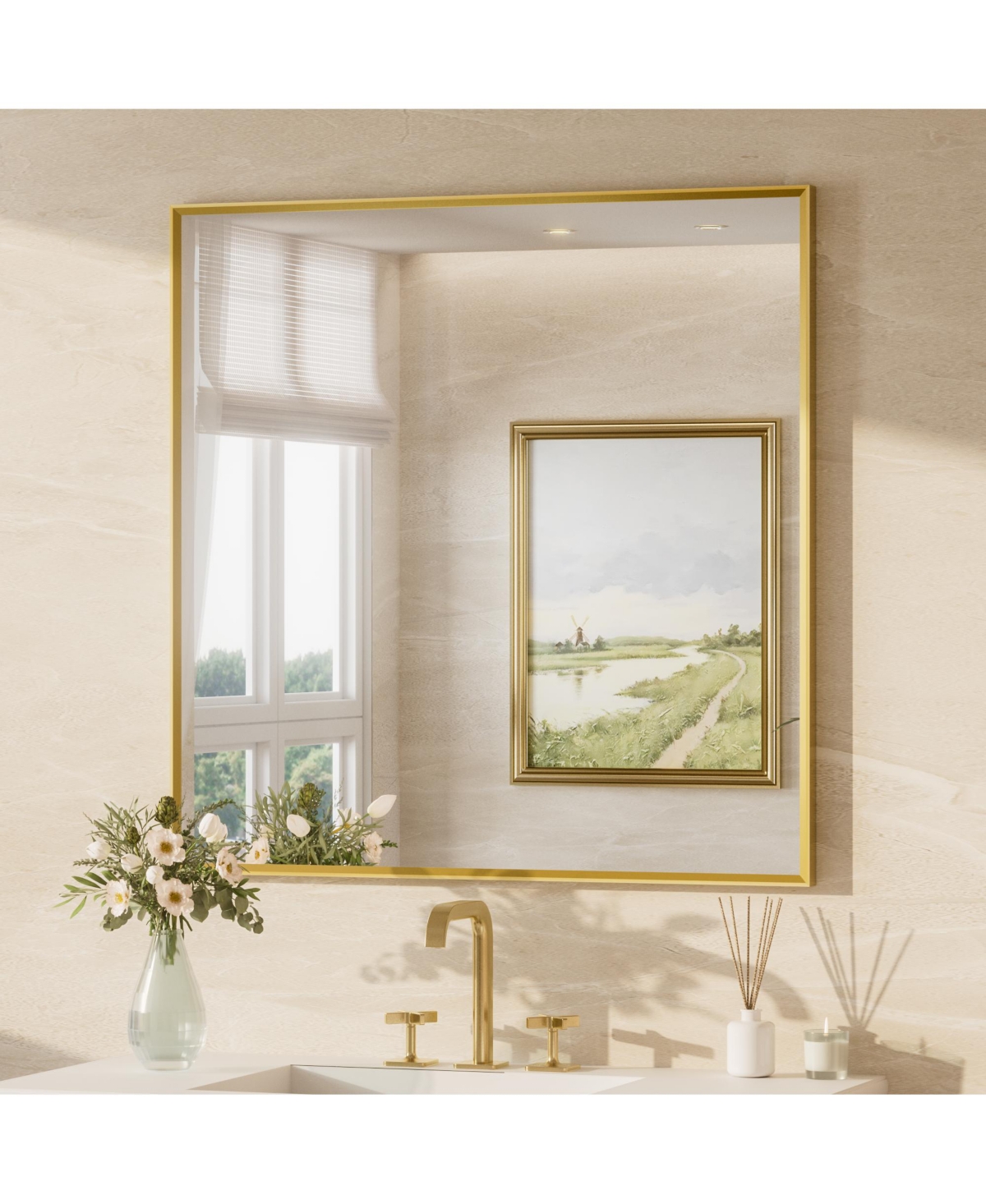 Keonjinn 36x36 Inch Brushed Gold Bathroom Vanity Mirror Metal Framed Over Sink Wall Mirror Horizontal/Vertical
