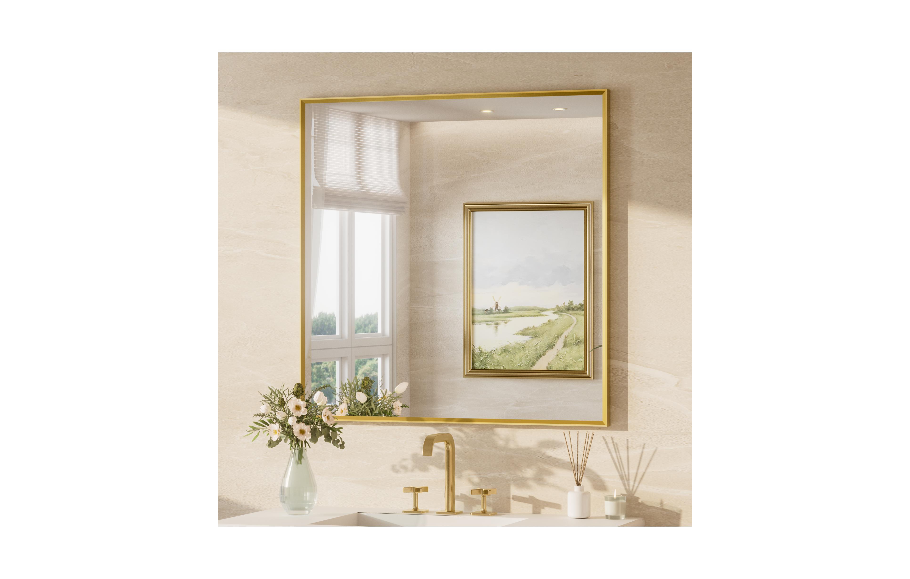 Keonjinn 36x36 Inch Brushed Gold Bathroom Vanity Mirror Metal Framed Over Sink Wall Mirror Horizontal/Vertical