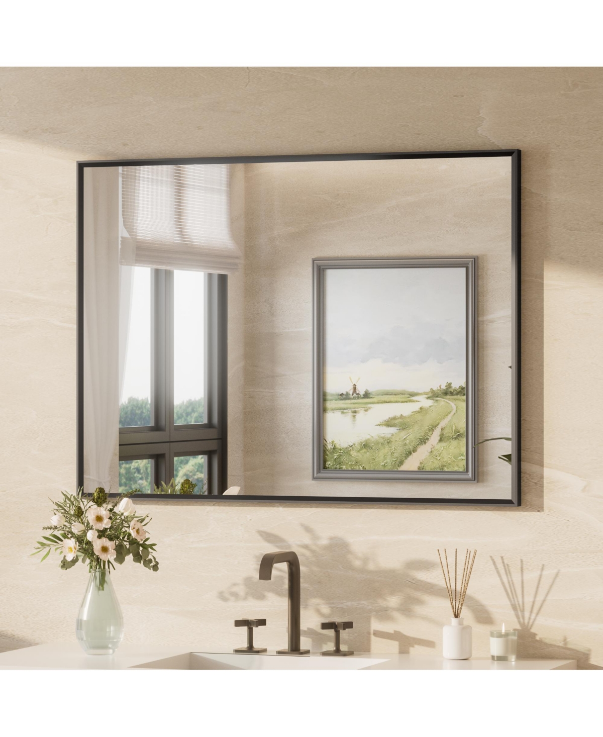 Keonjinn Inch Brushed Black Bathroom Vanity Mirror Metal Framed Over Sink Wall Mirror Horizontal/Vertical