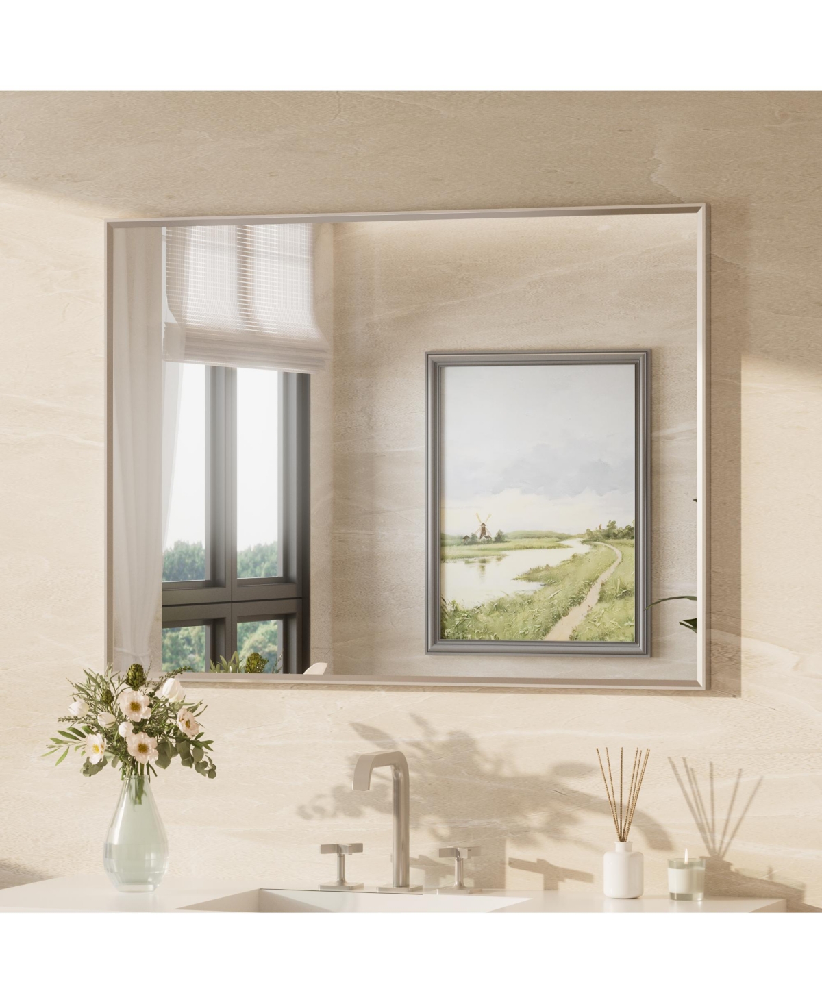 Keonjinn Inch Brushed Nickel Bathroom Vanity Mirror Metal Framed Over Sink Wall Mirror Horizontal/Vertical