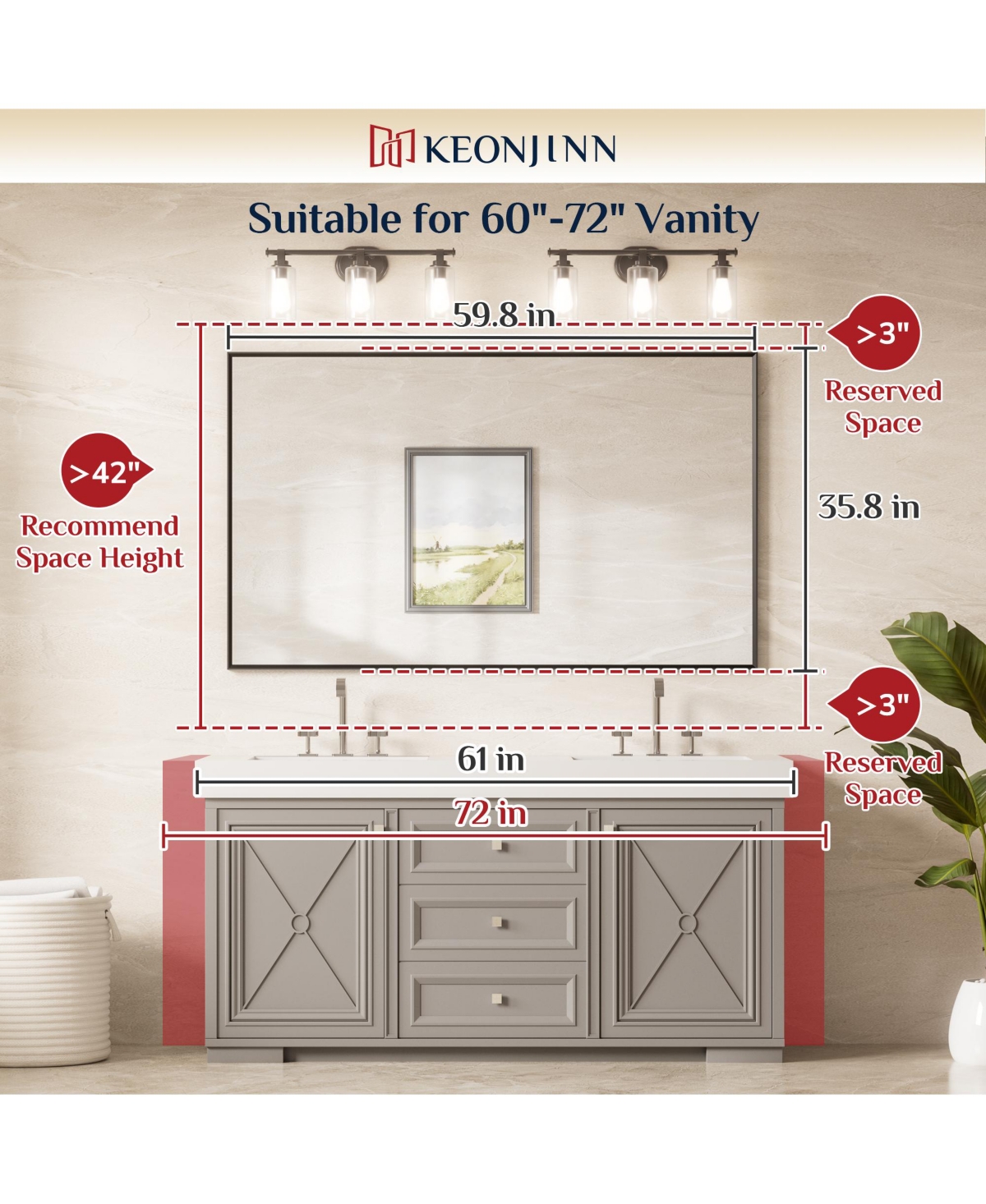 Keonjinn 60x36 Inch Brushed Gold Bathroom Vanity Mirror Metal Framed Over Sink Wall Mirror Horizontal/Vertical