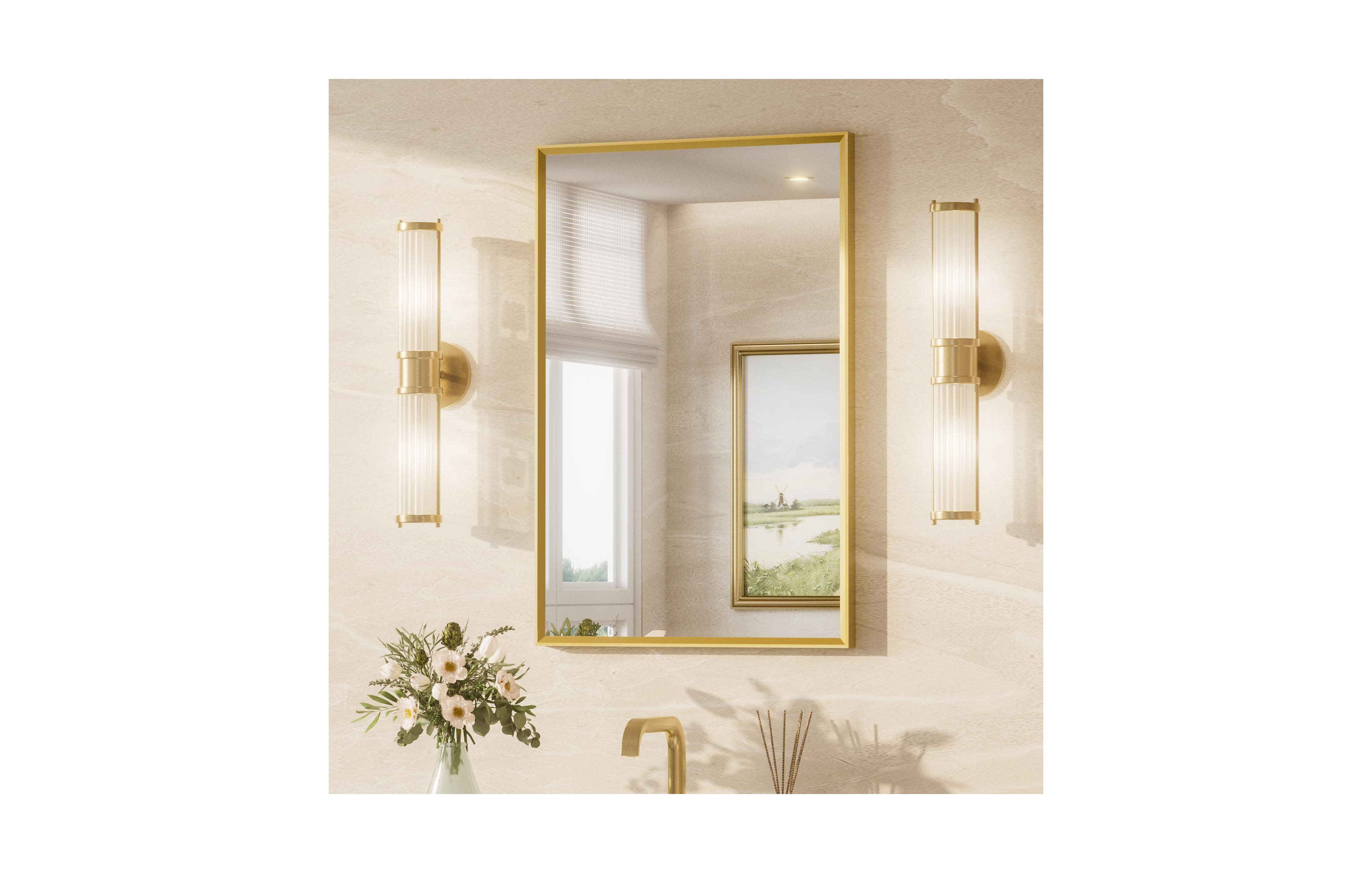 Keonjinn 20x30 Inch Brushed Gold Bathroom Vanity Mirror Metal Framed Over Sink Wall Mirror Horizontal/Vertical