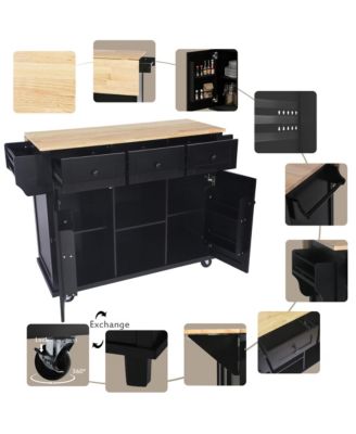Kitchen Cart with Rubber Wood Drop Leaf, Internal Storage Racks, Rolling Island with Cabinet and 3 Drawers for Dining Room