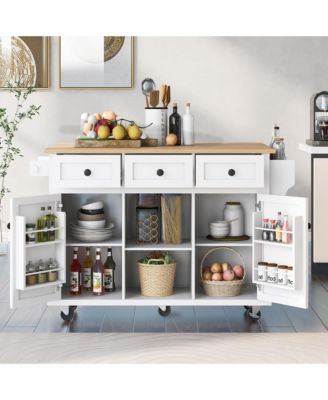 Kitchen Cart with Rubber Wood Drop Leaf, Internal Storage Racks, Rolling Island with Cabinet and 3 Drawers for Dining Room