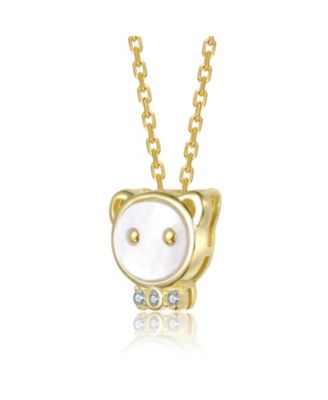 14K Gold Plated with Mother-of-Pearl & Clear Cubic Zirconia  Bear Design Pendant Necklace For Kids