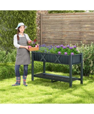 Pots & Planters Poly Wood Elevated Planter Box with Legs Storage Shelf Drainage Holes-Black