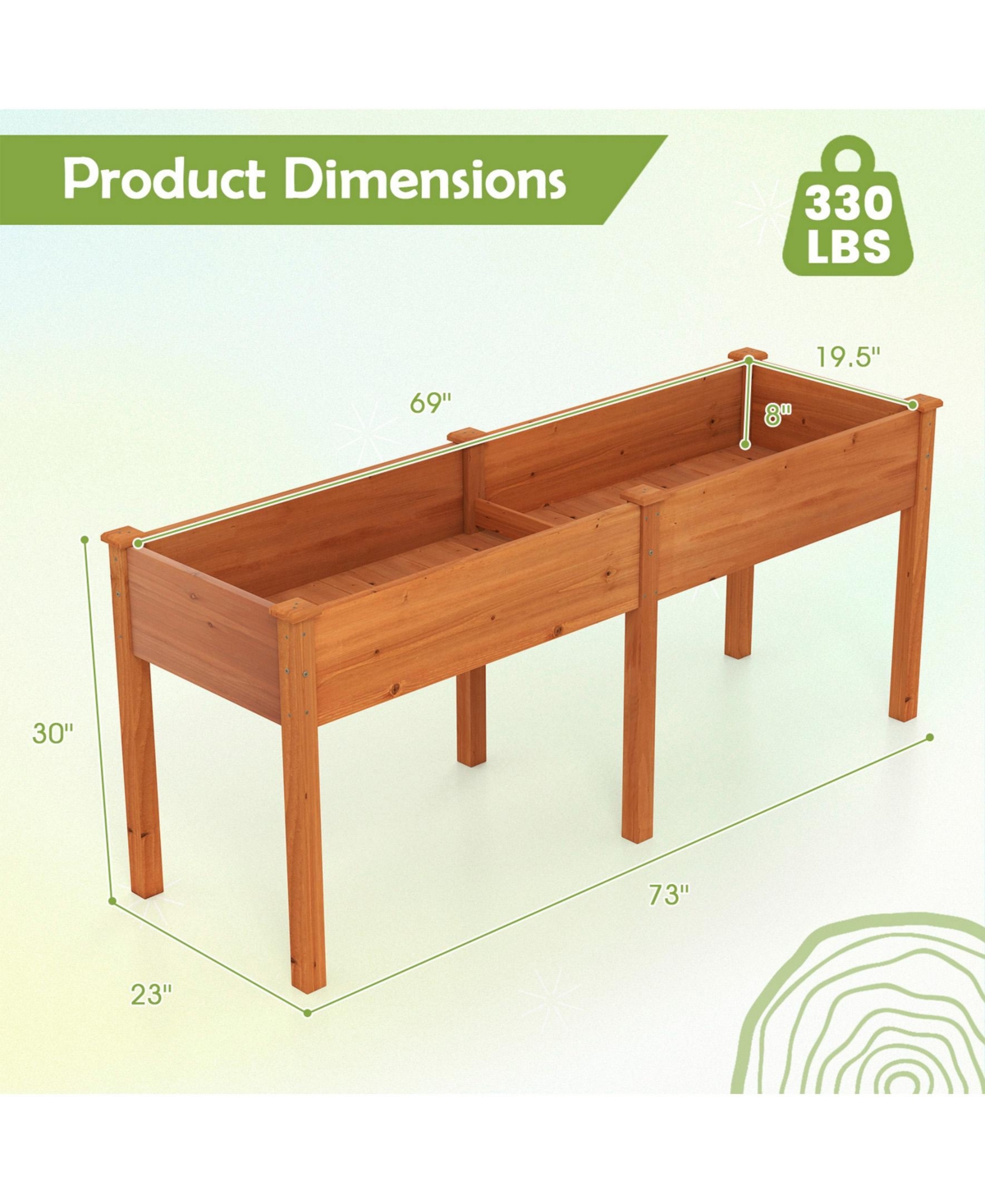 Sugift Fir Wood Outdoor Raised Garden Bed with Divider Panel and Drainage Holes-Yellow