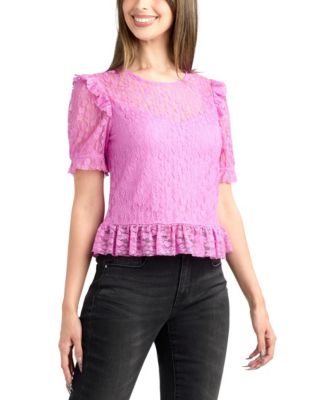 Junior's Heart Lace Puff Short-Sleeve Top