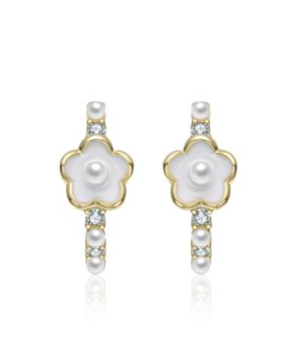14K Gold Plated with White Enamel Pearl & Clear Cubic Zirconia Flower Design Hoop Earrings