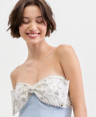 Juniors' Beaded Bow Horsehair Hem Gown