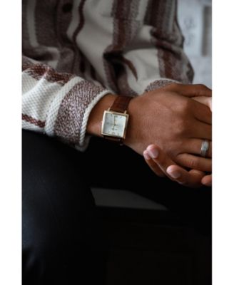 Men's 35mm 14K Gold Plated Square Watch with Brown leather Strap