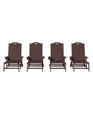Outdoor HDPE Patio Chaise Lounges With Wheels & Cup Holder (Set of 4)