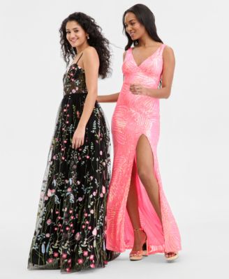 Juniors' Floral Embroidered Mesh Gown, Created for Macy's