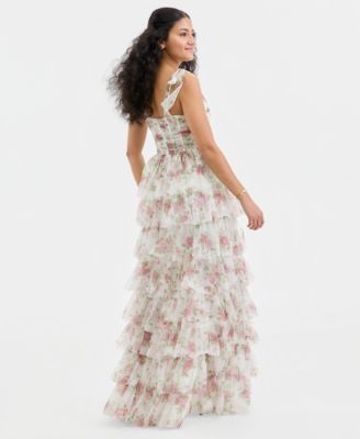 Juniors' Tiered Glitter-Mesh Gown