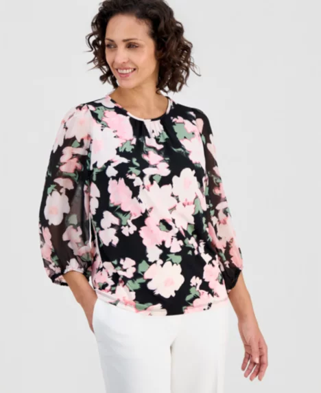 Women's Floral-Print 3/4-Sleeve Top, Regular & Petite - Black Multi