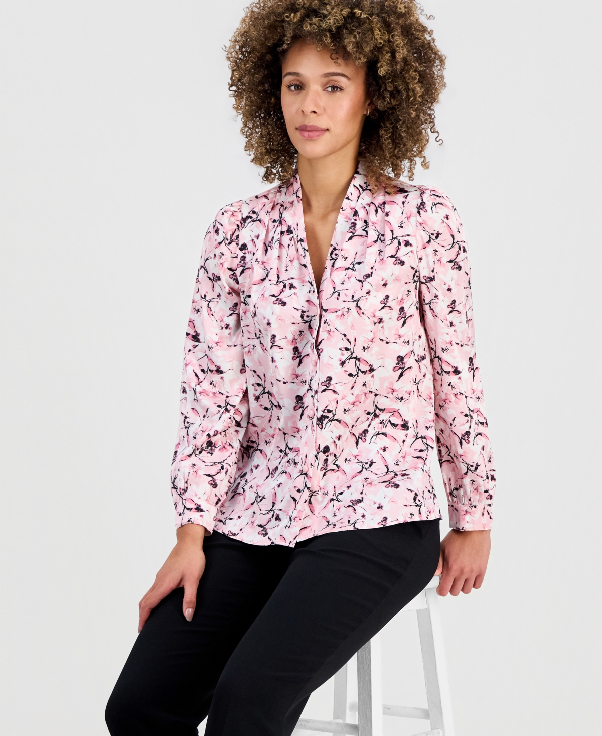 Kasper Women's Printed V-Neck Button-Front Blouse