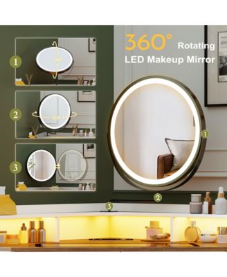 Corner Vanity Desk – Mirror with 3-Color LED Lights and Built-In Charging Station