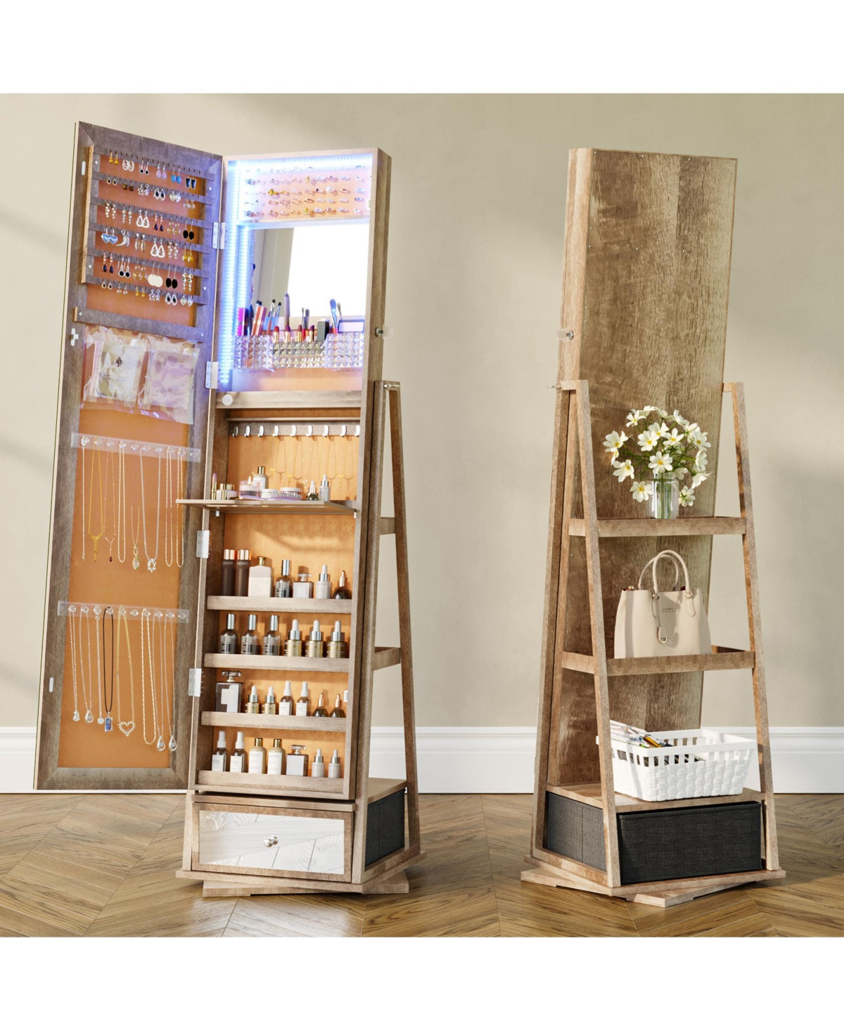 Vlsrka Jewelry freestanding storage mirror cabinet with shelves, built-in lights, and rotating feature.
