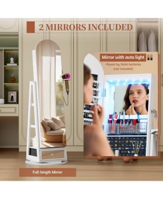 360&deg; Rotating Jewelry Cabinet with LED Lighting & Lockable Full-Length Mirror