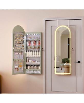 Arched LED Jewelry Cabinet, Full-Length Lighted Mirror with Storage
