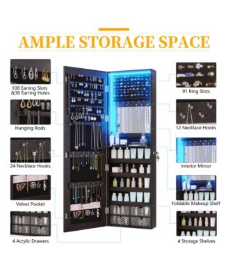 Wall/Door Mounted LED Jewelry Storage Mirror Cabinet