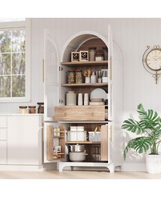 71" Tall Arched Kitchen Pantry Cabinet with Door Shelves, Farmhouse Kitchen Storage Cabinet with Open & Adjustable Shelves