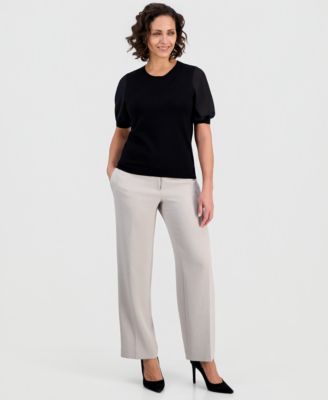 Petite Puffed-Sleeve Mixed-Media Top