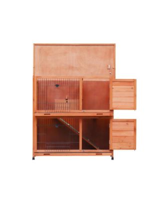 41 in. Outdoor Wooden Rabbit Hutch with 2 Removable No-Leak Trays Non-Slip Ramp Waterproof Roof in Natural
