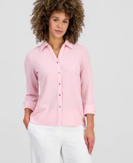 Women's, 3/4 Sleeve Button-Front Shirt, Regular & Petite - Tutu Pink