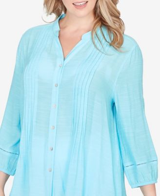Plus Size Solid Silky Slub Pleated Button Front Top