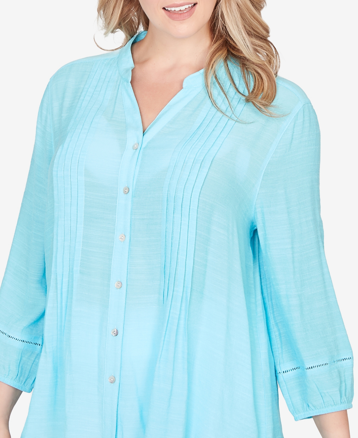 Ruby Rd. Plus Size Solid Silky Slub Pleated Button Front Top In Blue