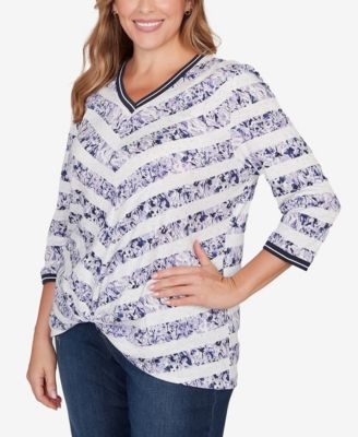 Plus Size Floral Stripe Twist Front Knit Top