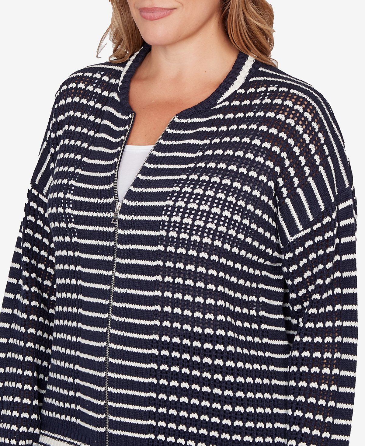 Ruby Rd. Plus Size Mesh Stitch Zip Sweater Jacket