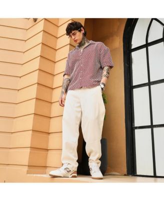 Men's Crimson Red Geometric-Crochet Cuban Oversized Shirt