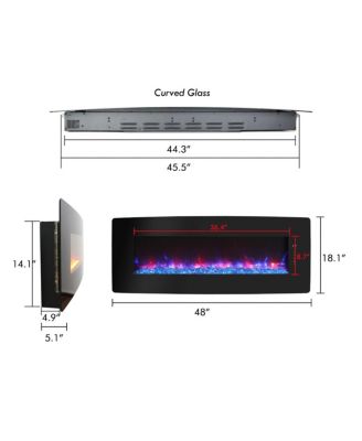 48 inch Curved Front Wall Mounted Electric Fireplace with remote and multi color flame & emberbed
