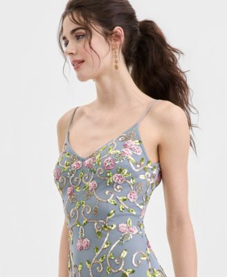 Juniors' Floral Sequin Sleeveless Mesh Gown