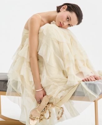 Juniors' Strappy Mesh Petal Ball Gown