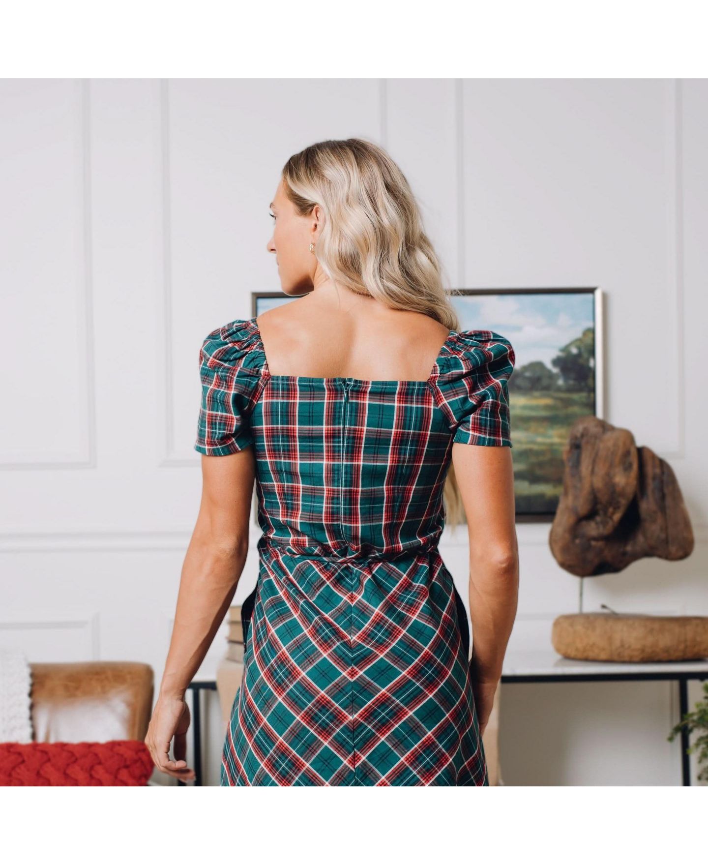 Женское платье Hope & Henry Short Sleeve Sweetheart, цвет: Зелёный клетчатый — фото 14