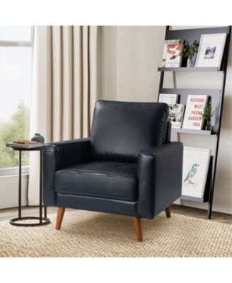 Mid-century Modern Elizabeth Genuine Leather Armchair with Wood Flared Legs