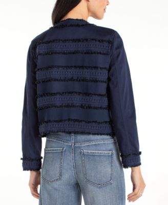 Women's Collarless Jacket with Fray and Lace Detail