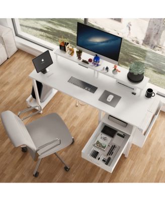 47" Office Desk with Power Outlet, 2 Monitor Stands, 2 Drawers, Side Pocket, Frame Stability Reversible, Computer Desk, Game Table