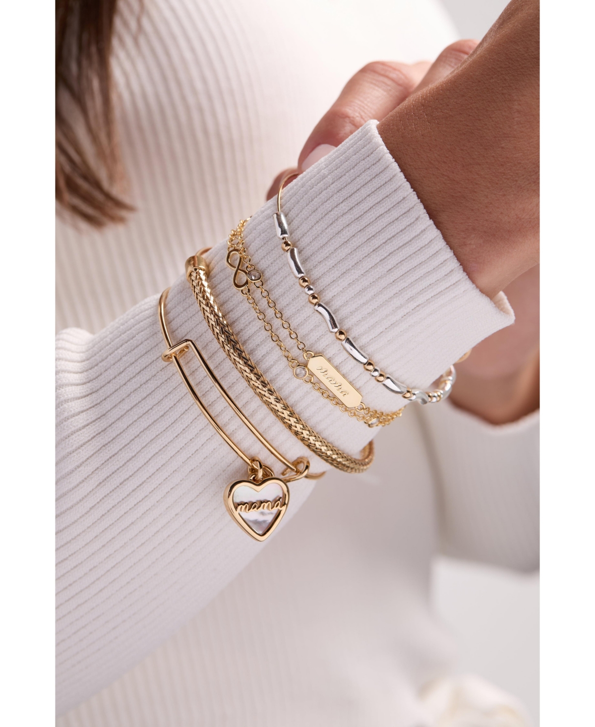 Alex and Ani Mama Mother of Pearl Heart Bangle Bracelet Duo