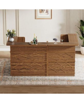 L-Shaped Kitchen Island, with Storage Shelves & Wine Glass Holder, Brown