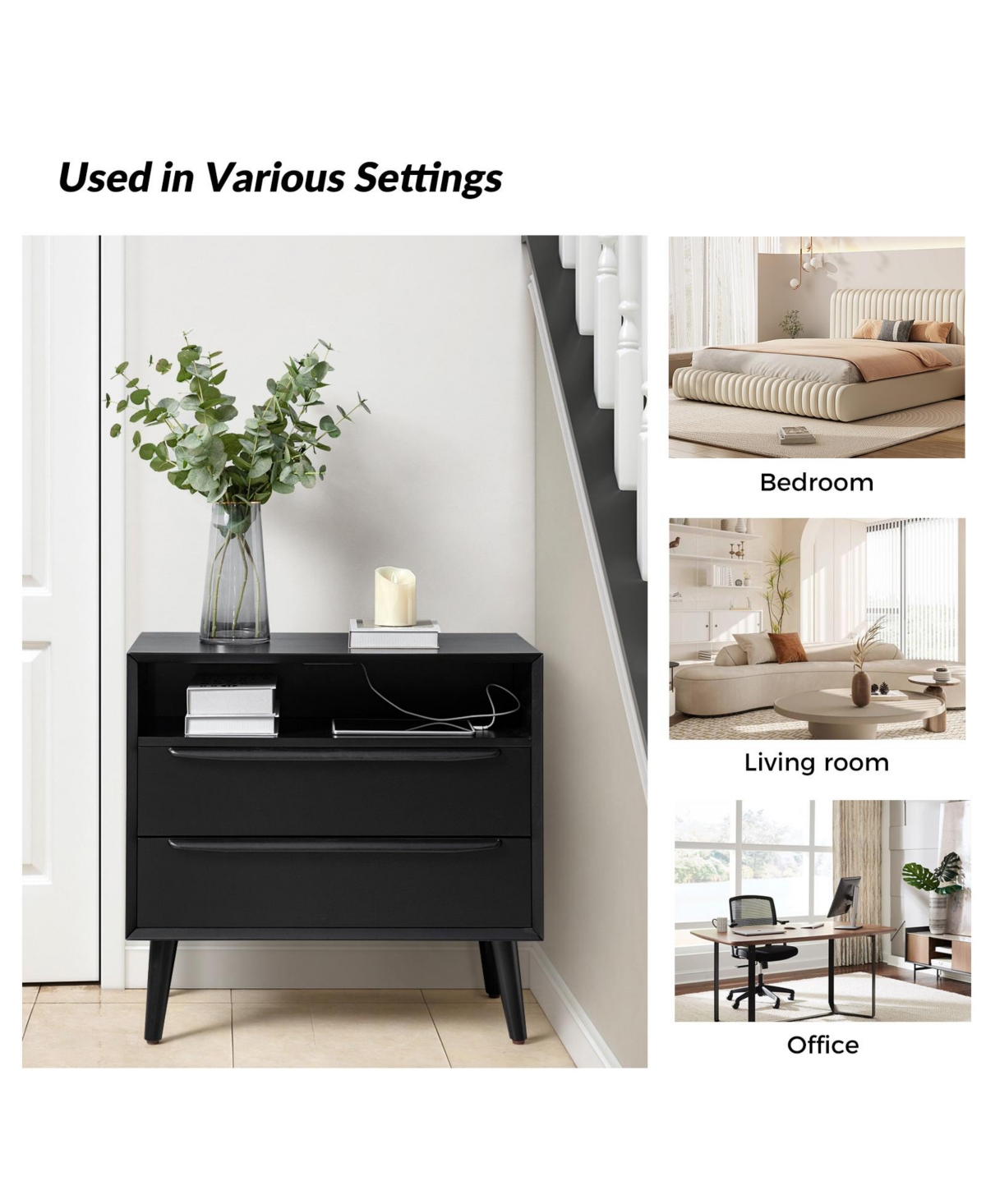 Hulala Home Kay Mid-century Modern 2 - Drawer Nightstand with Built-In Outlets